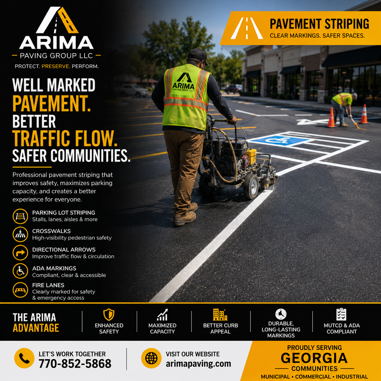 ARIMA pavement striping services: parking lot striping, crosswalks, arrows, ADA markings and fire lanes