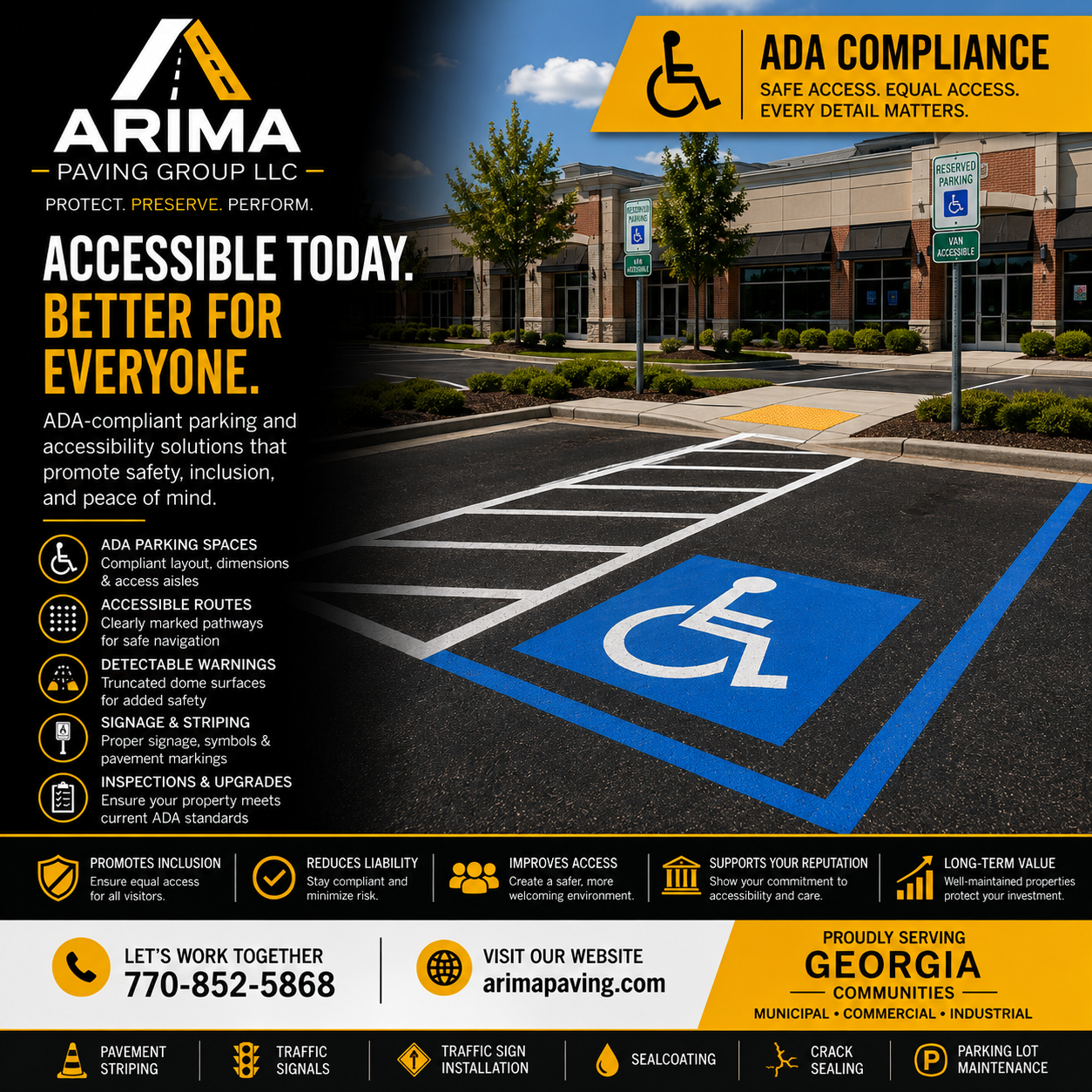 ARIMA ADA compliance services: compliant parking spaces, accessible routes, detectable warnings and signage