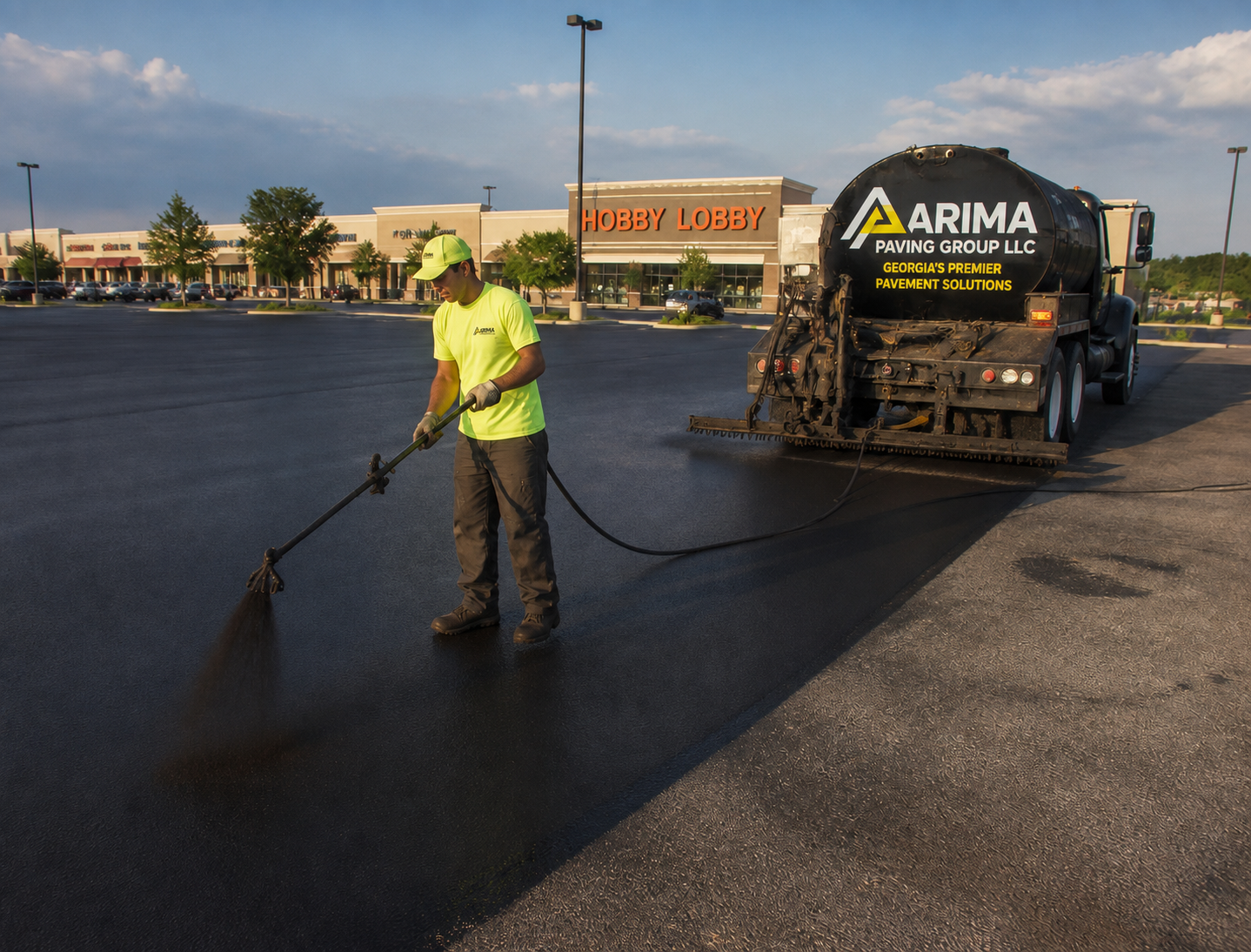 ARIMA crew sealcoating a commercial parking lot in front of Hobby Lobby
