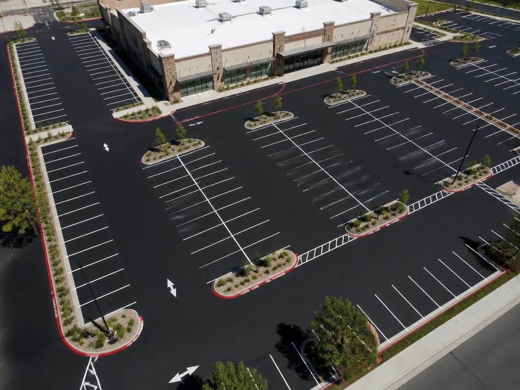 Same commercial parking lot after fresh sealcoating and bright white restriping