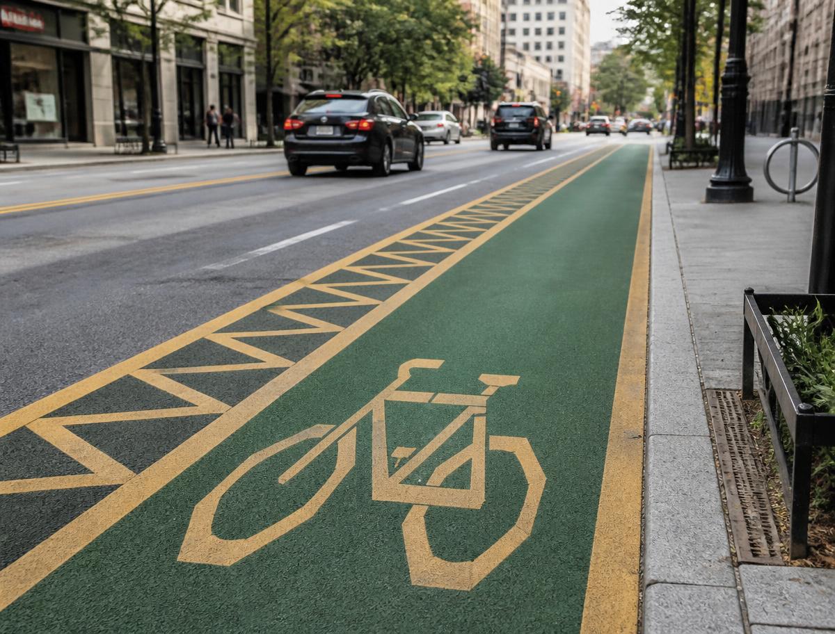 Decorative green and gold bike lane with a large bicycle pavement symbol