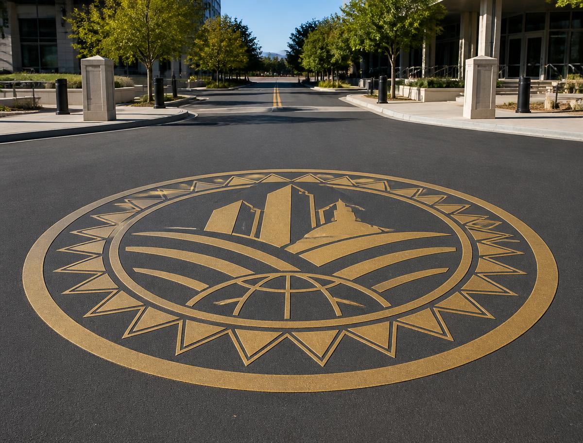 Large decorative thermoplastic civic seal medallion at a municipal campus entrance