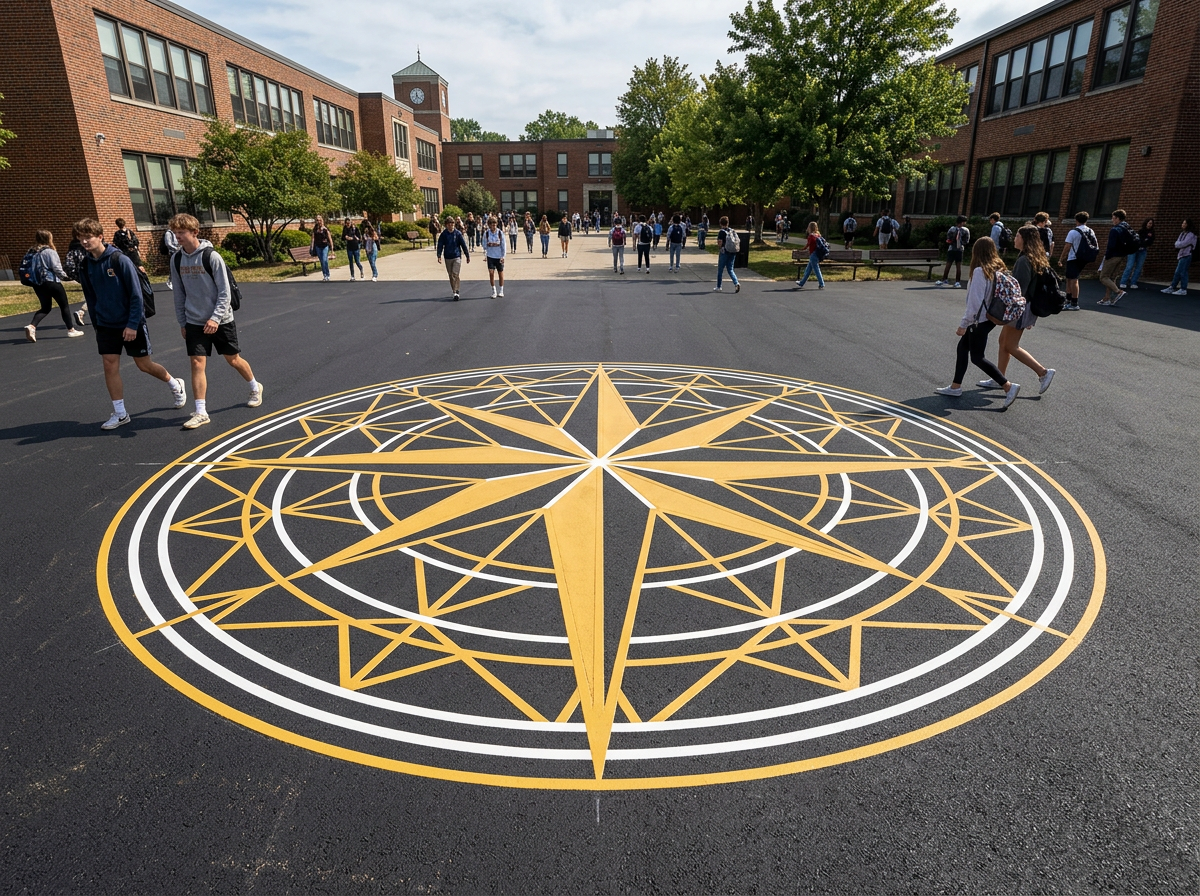 Gold and white decorative thermoplastic medallion on a school campus courtyard