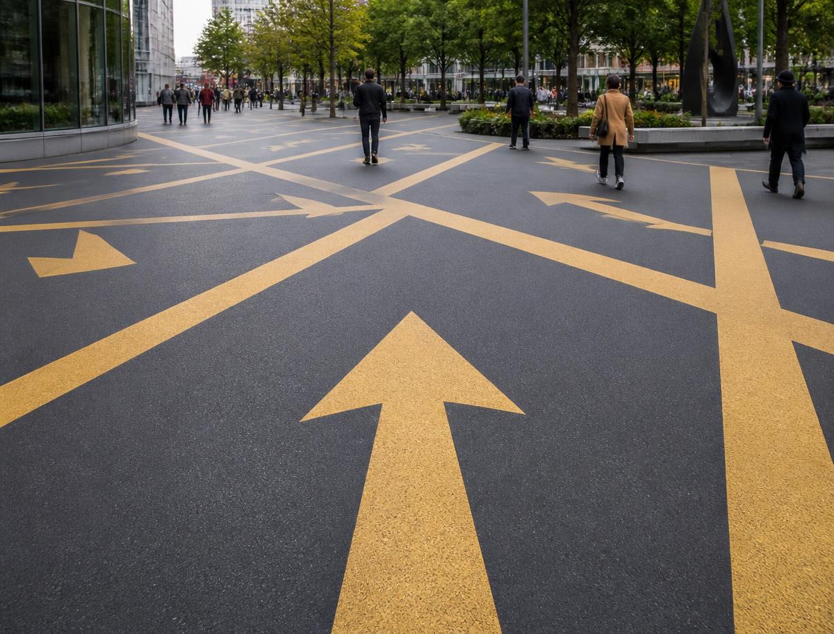 Gold directional arrows and pathway bands marked across a public plaza