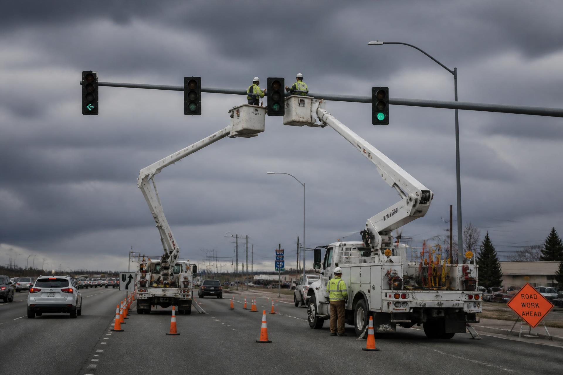 ARIMA crew replacing traffic signal heads over a busy Georgia roadway with bucket trucks and traffic control