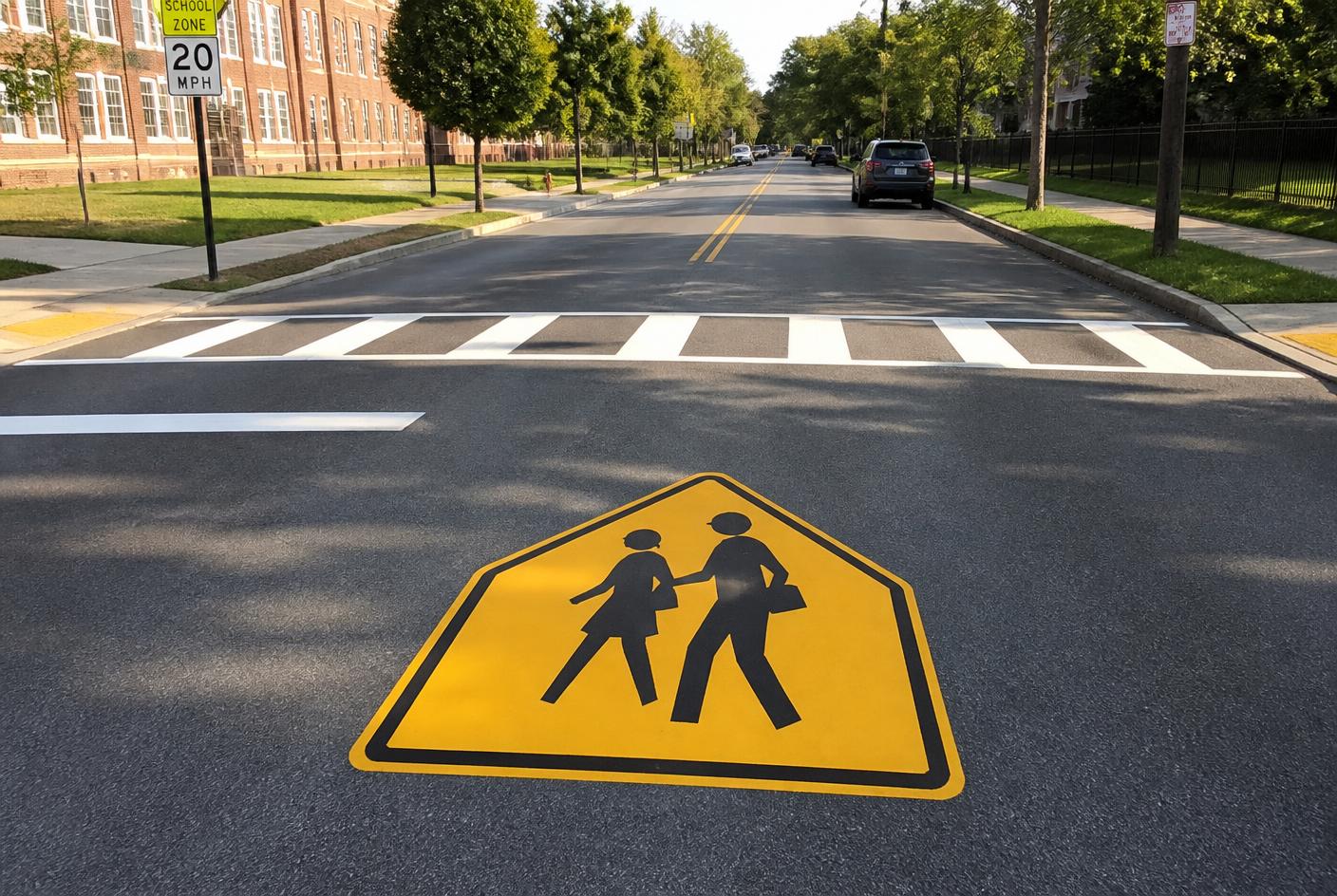 Preformed thermoplastic school crossing symbol and ladder crosswalk in a Georgia school zone