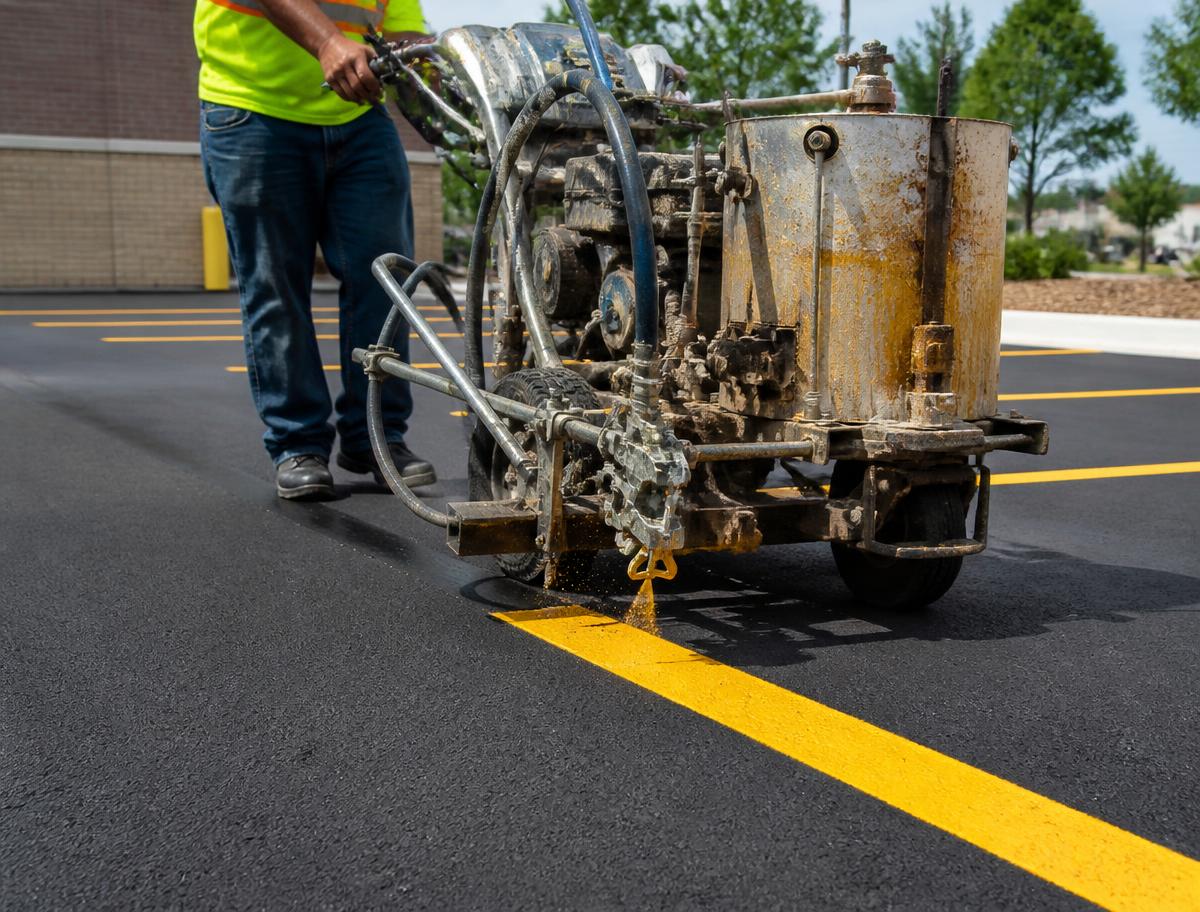 Striping machine applying yellow pavement markings on fresh asphalt